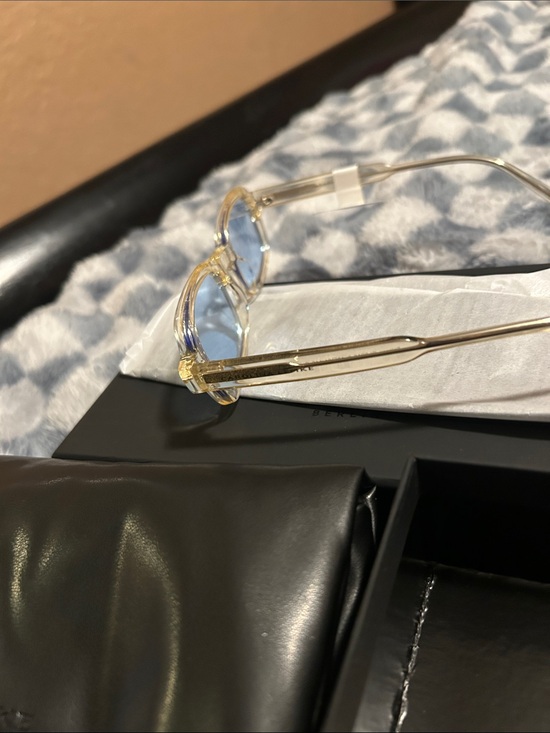Carolina Lemke Gold tint Frame Rectangular Sunglasses with Light Blue Lenses main image 4